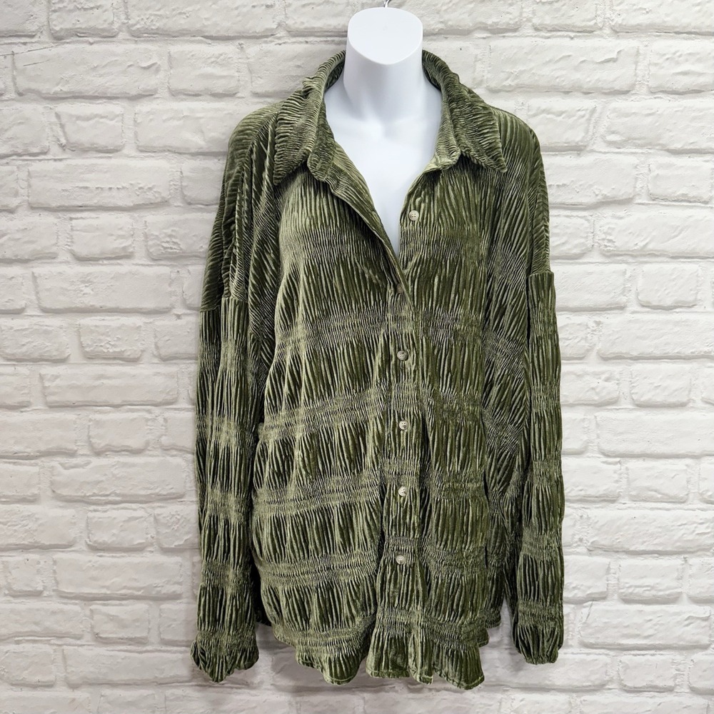 BiBi My Best Velvet Tunic Blouse XL Earthy Green Oversized Bohemian Crinkle Top